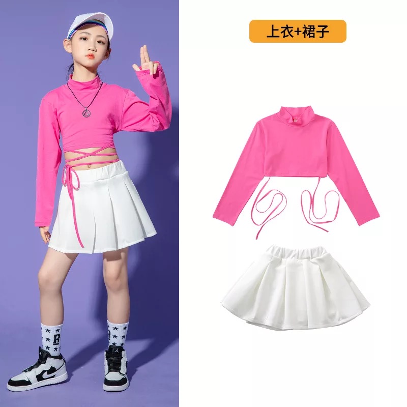 ชุดเต้น ชุดแดนซ์ เสื้อผูกเอว แขนยาว+กระโปรงสั้นสีขาว