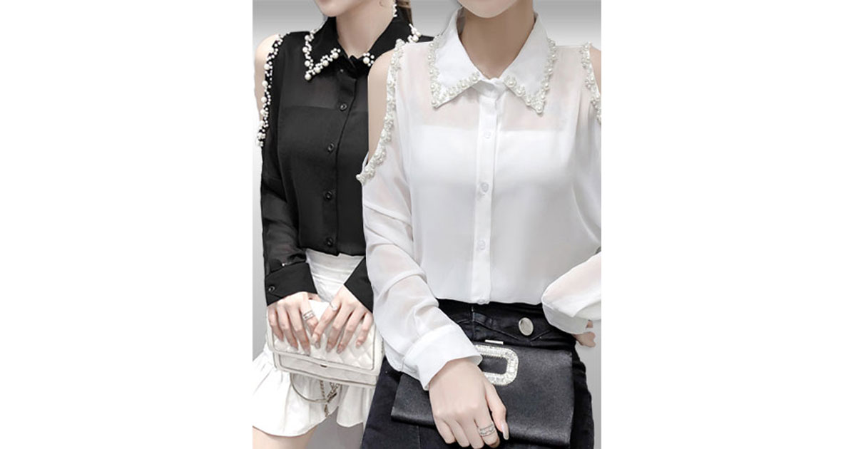 เสื้อแฟชั่นเปิดไหล่แต่งมุกสวยหรู มี2สี รหัส2348