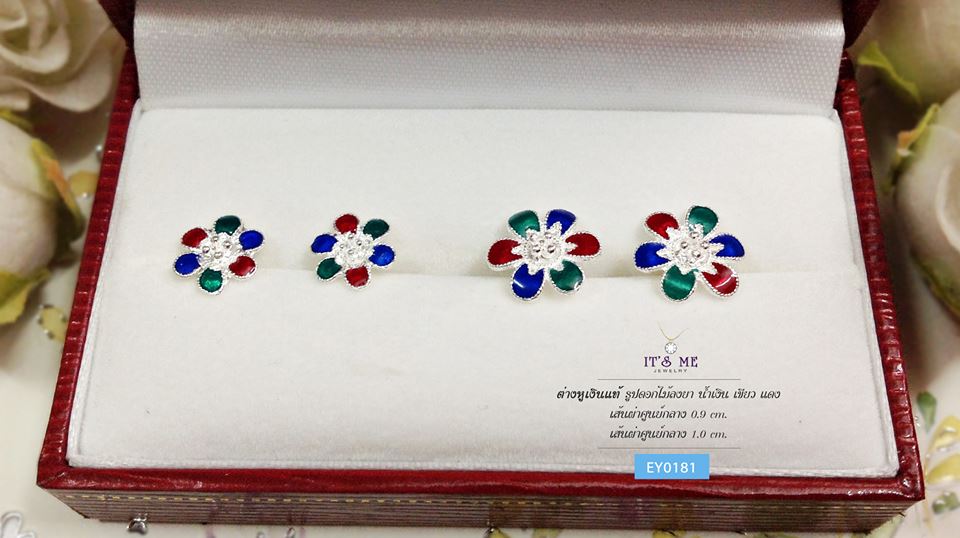 ต่างหูเงินแท้ 92.5% ดอกไม้ลงยา สีแดง เขียว น้ำเงิน