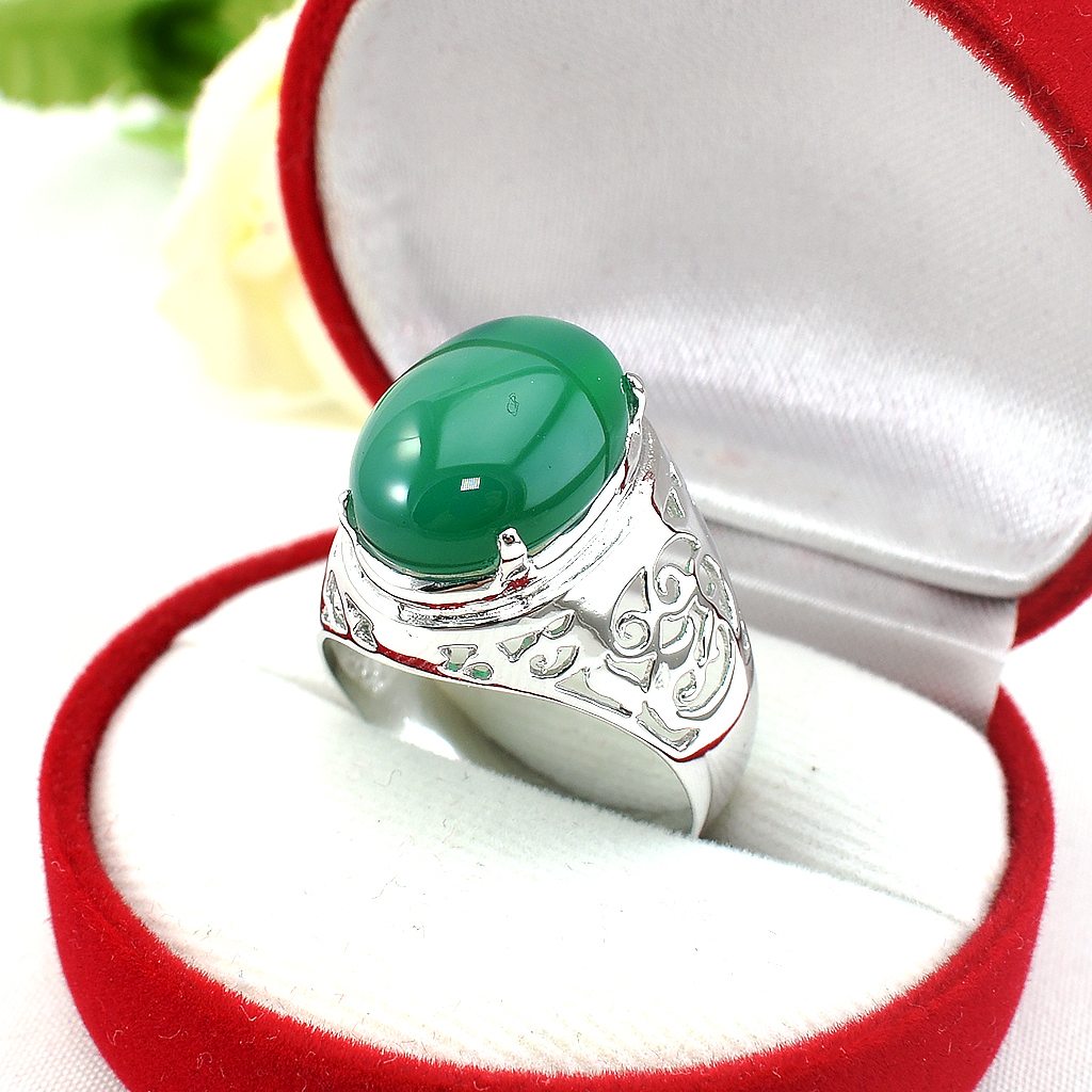 แหวนเงินแท้ราคาถูกชุบทองคำขาว พลอยแท้กรีนอะเกท 11.50 กะรัต งานประณีตสวยงาม สั่งผลิตค่ะ