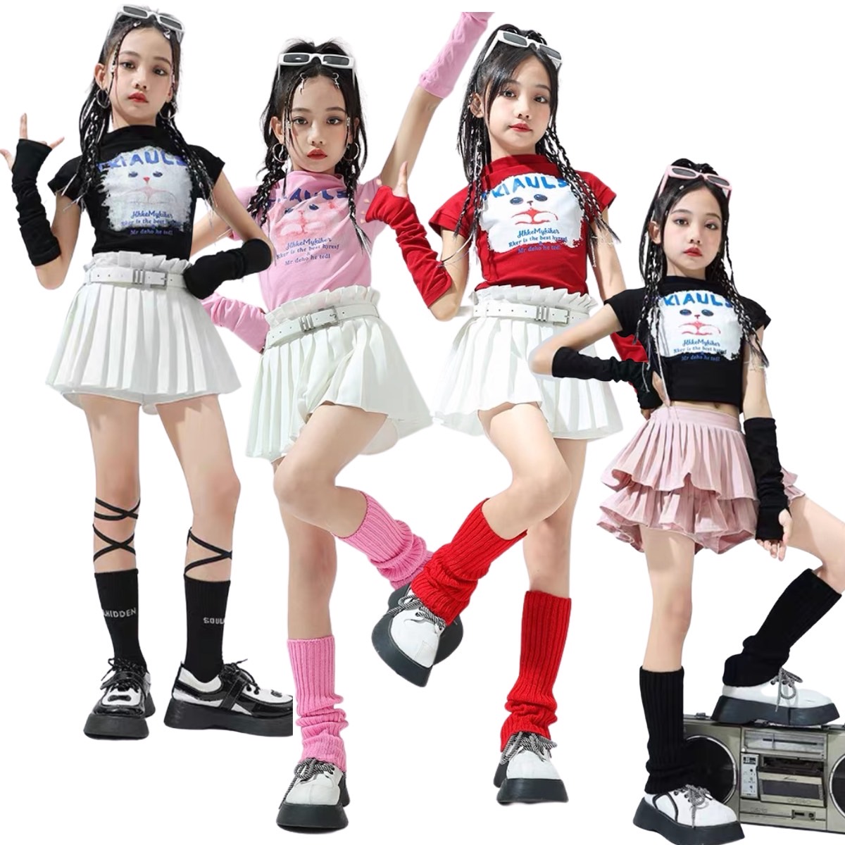 พร้อมส่ง***ชุดเต้น ลายแมว สไตล์เกาหลี เซ็ตเสื้อTKIAULS+กางเกงกระโปรง