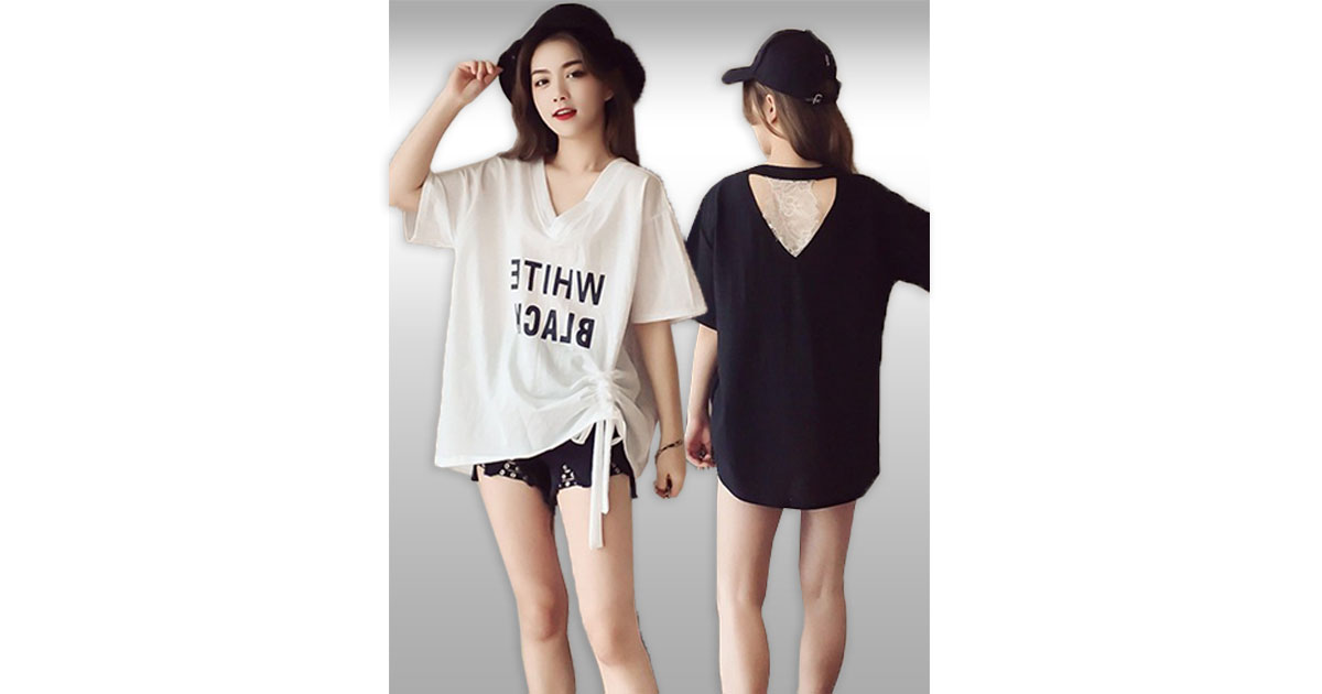 เสื้อแฟชั่นคอวีแต่งลายสวยเท่ห์สไตล์เกาหลี มี2สี รหัส2378