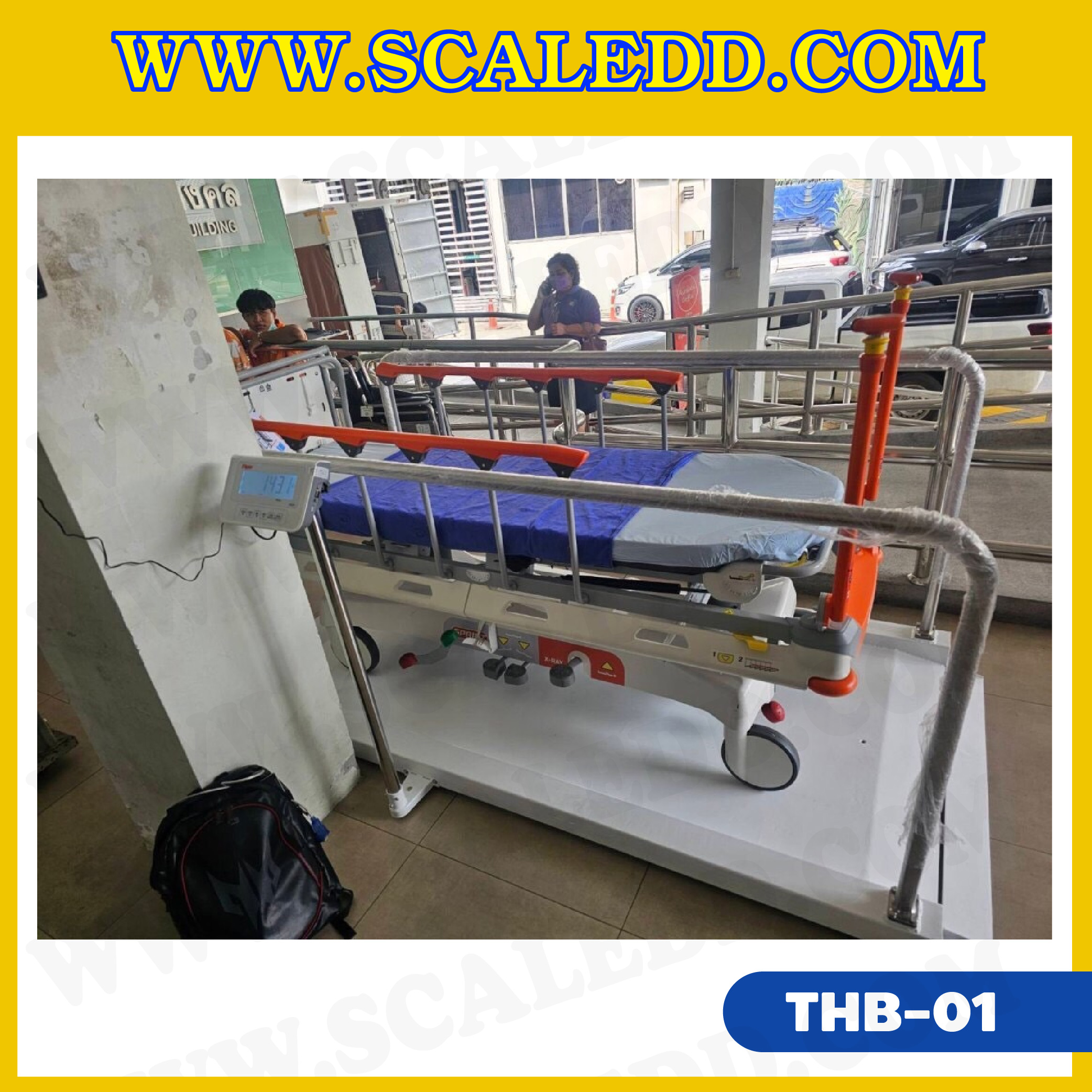 เครื่องชั่งน้ำหนักผู้ป่วย ใช้ชั่งรถวีลแชร์ผู้ป่วย ขนาดแท่นชั่ง 100x200 cm. พร้อมราวกันตกและทางขึ้น-ลง ทั้งซ้าย-ขวา พิกัด 300 กิโลกรัม ค่าละเอียด 100 กรัม มาพร้อมฟังก์ชั่น BMI