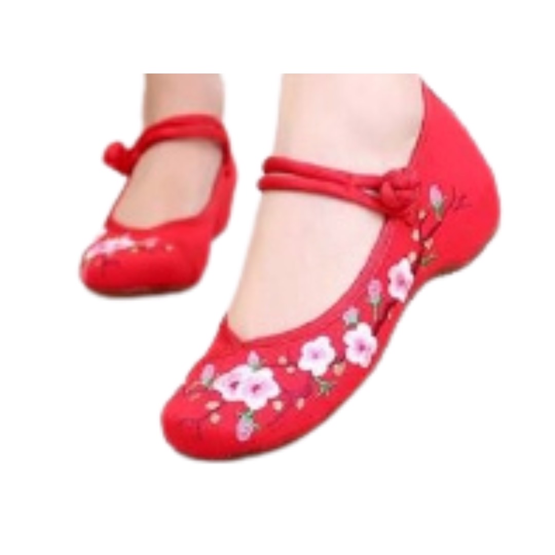 รองเท้าจีน ลายดอก เสริมส้ม