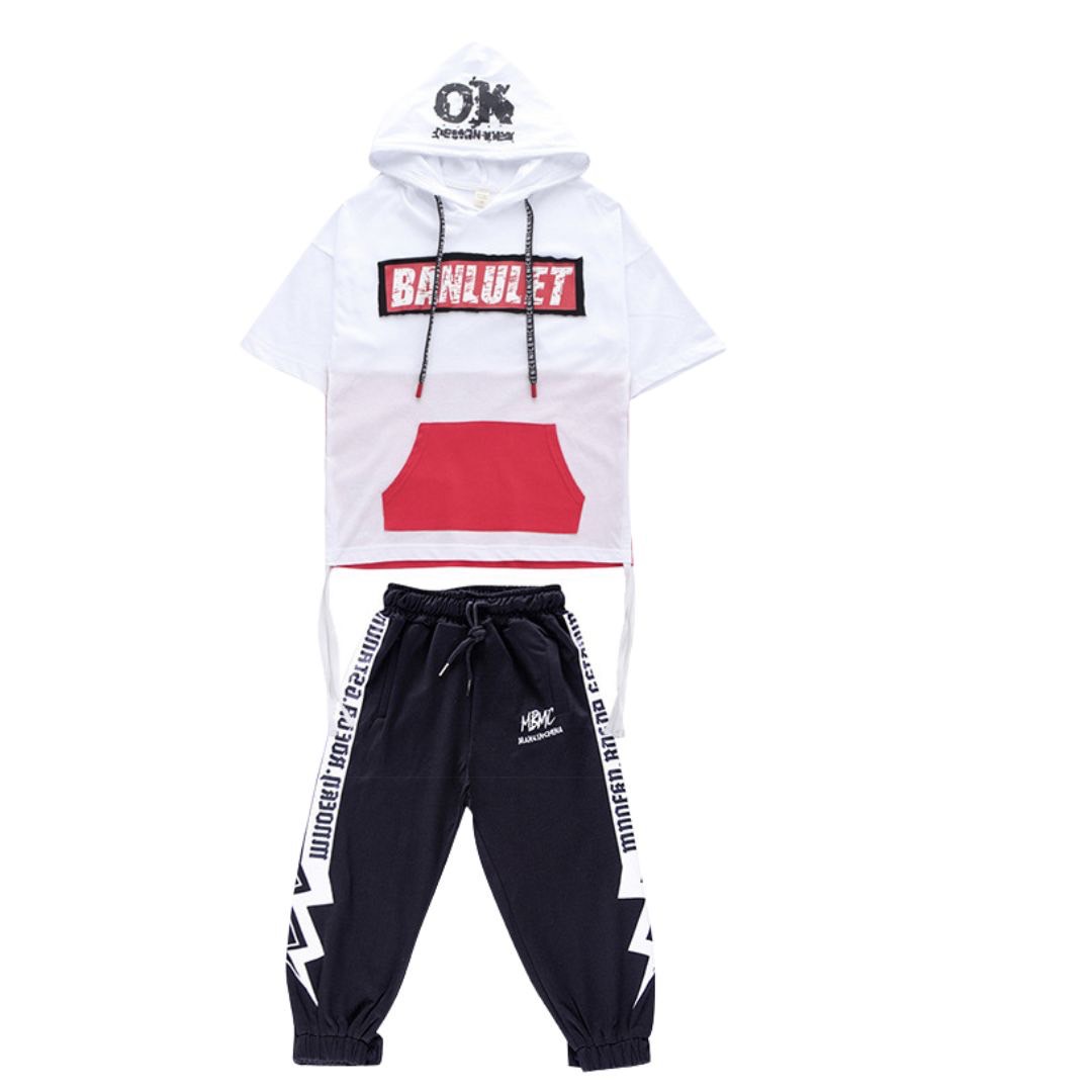 พร้อมส่ง ชุดเต้น Hiphop เสื้อฮูดขาวแต่งกระเป๋าหน้าแดง+กางเกงขายาว สีดำ