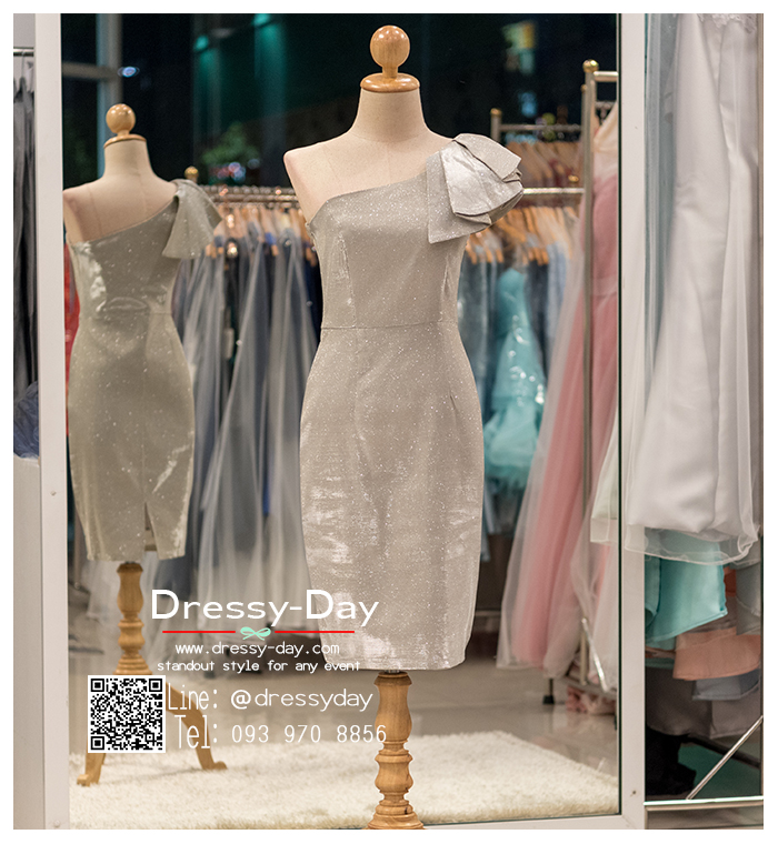 รหัส ชุดราตรีสั้น :PK015 ชุดแซก ชุดราตรี ไหล่เฉียง เรียบหรูเหมาะใส่ออกงานกลางคืน งานคอกเทล สีเงิน