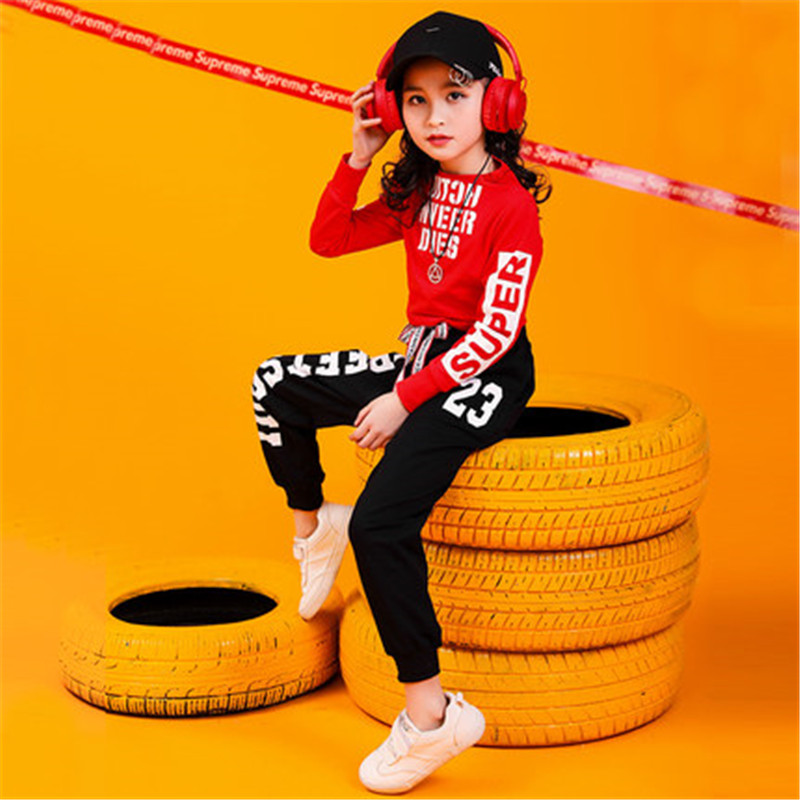 พร้อมส่ง ชุดเต้น ชุดฮิปฮอป สีขาวแขนยาวสีแดง+กางเกง