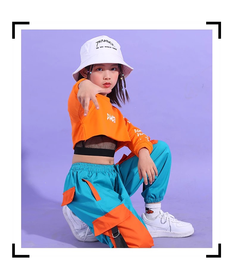 ชุดเต้น ชุดแดนซ์ เสื้อแขนยาวสีส้ม+กางเกงขายาว