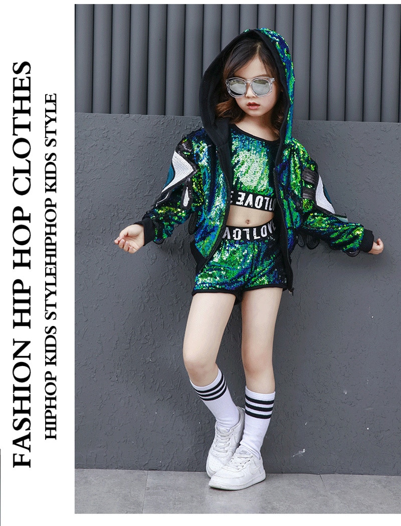 ชุดเต้น ชุดแดนซ์เซอร์ ปักเลื่อม เซ็ต 3 ชิ้น ตัวนอก+ตัวใน+กางเกง