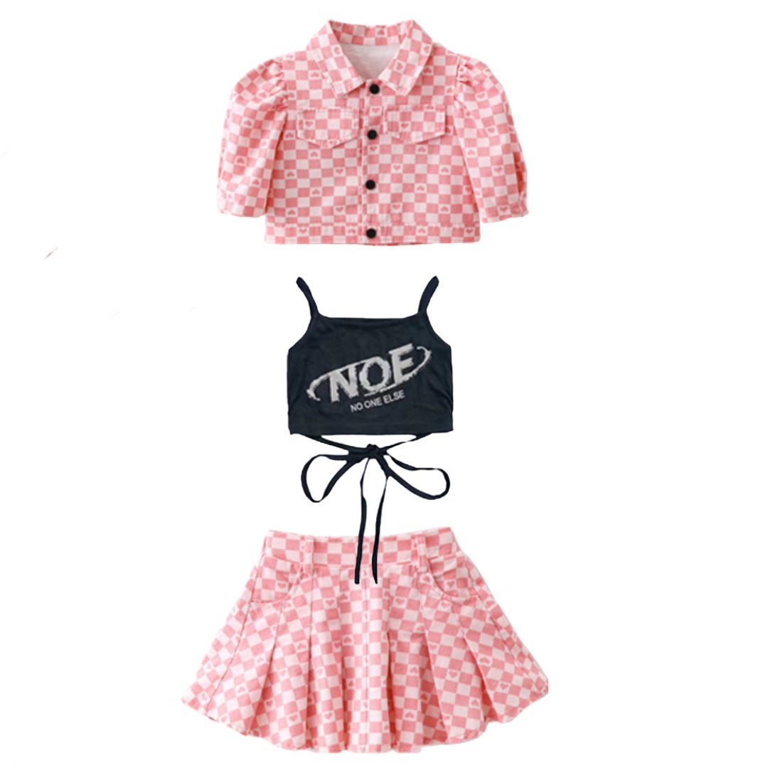 พร้อมส่ง ชุดเต้น ชาย/หญิง ลายสก๊อต ลายหมากรุก สีชมพูโอรส