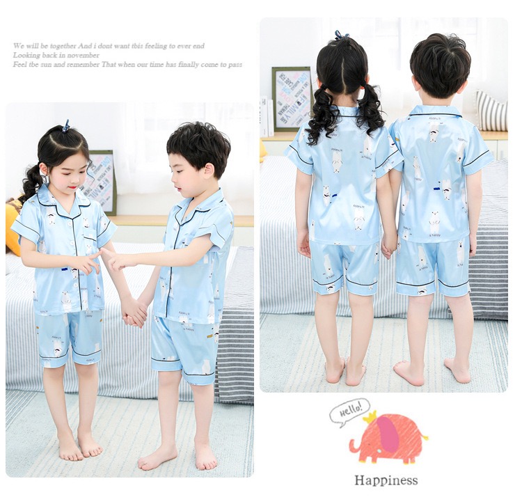 ชุดนอนเด็ก ชุดนอนผ้าซาติน แขนสั้น แบบมีลาย
