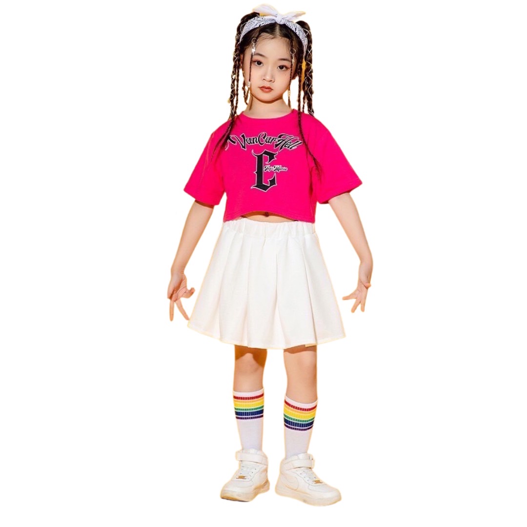 ชุดเต้น ชุดเชียร์ เสื้อแขนสั้นZERO +กระโปรงระบายชั้นสีขาว