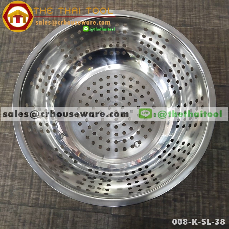 กะละมังล้างผัก รูใหญ่ สแตนเลส 38 ซม. 008-K-SL-38,Wash basin, large hole, stainless steel 38 cm