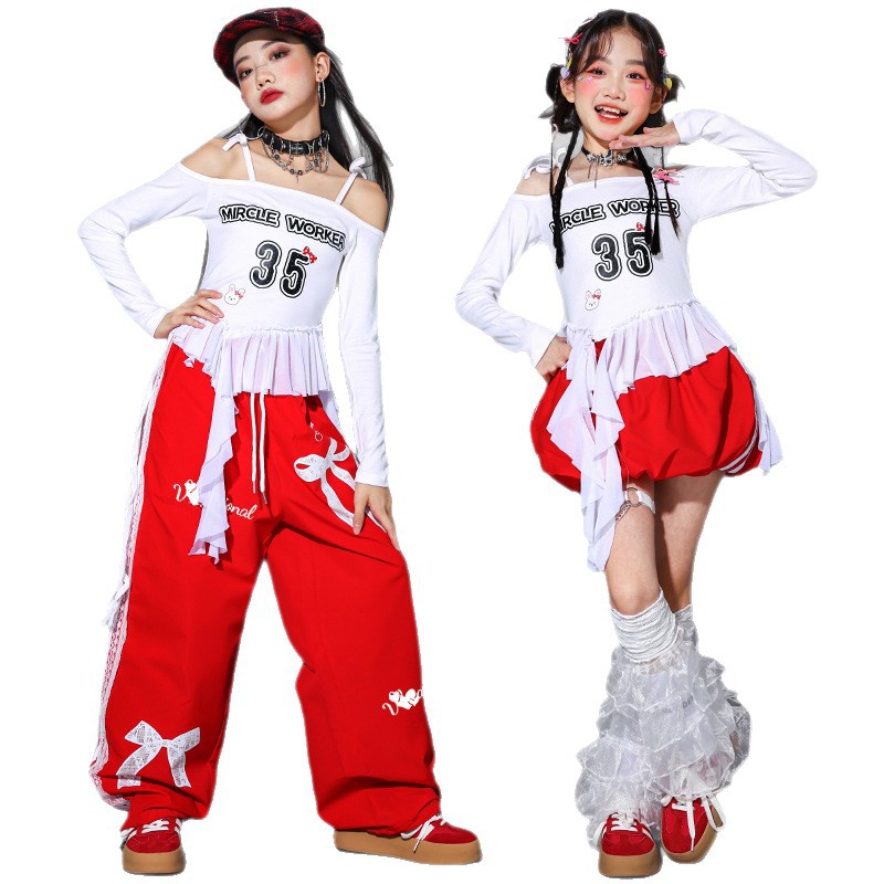 Friendly4kid ชุดเต้น เด็กผู้หญิง เสื้อแดง/ขาว+กระโปรง กางเกง*เปิดจอง