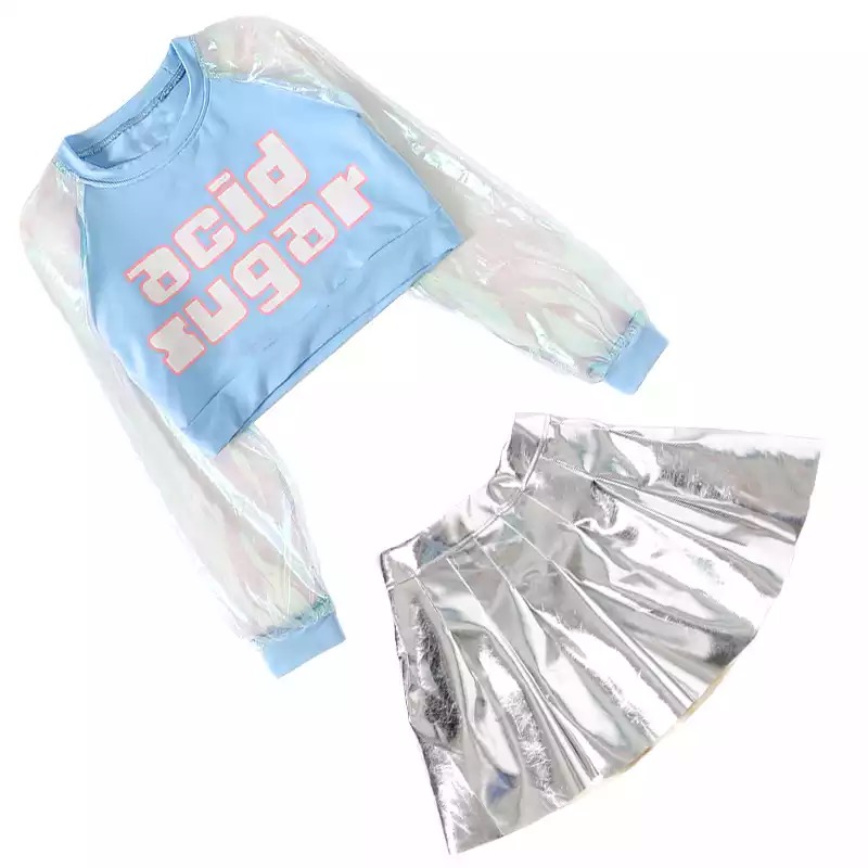 **เฉพาะเสื้อ** ชุดเต้น ชุดแฟชั่น สไตล์ฮิปฮอป สีฟ้า-เงิน