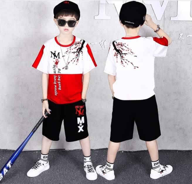 ชุดเต้น ฮิปฮอป เสื้อแขนสั้นขาวแดง+กางเกงดำ