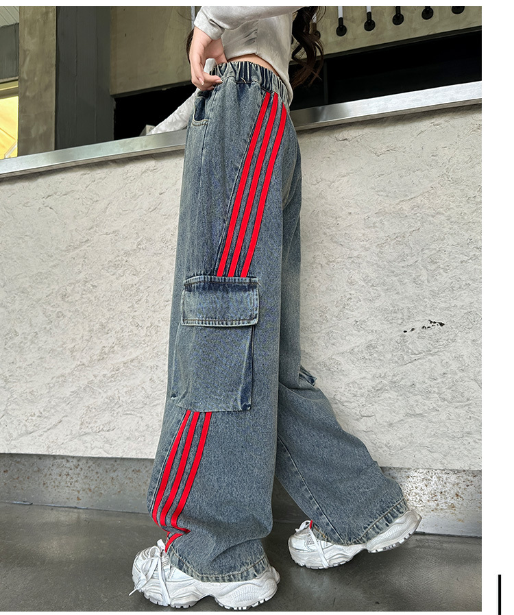 พร้อมส่ง กางเกงยีนส์เด็ก ยีนส์เด็กหญิง เกงคาร์โก้ ทรงขากระบอก แต่งลาย