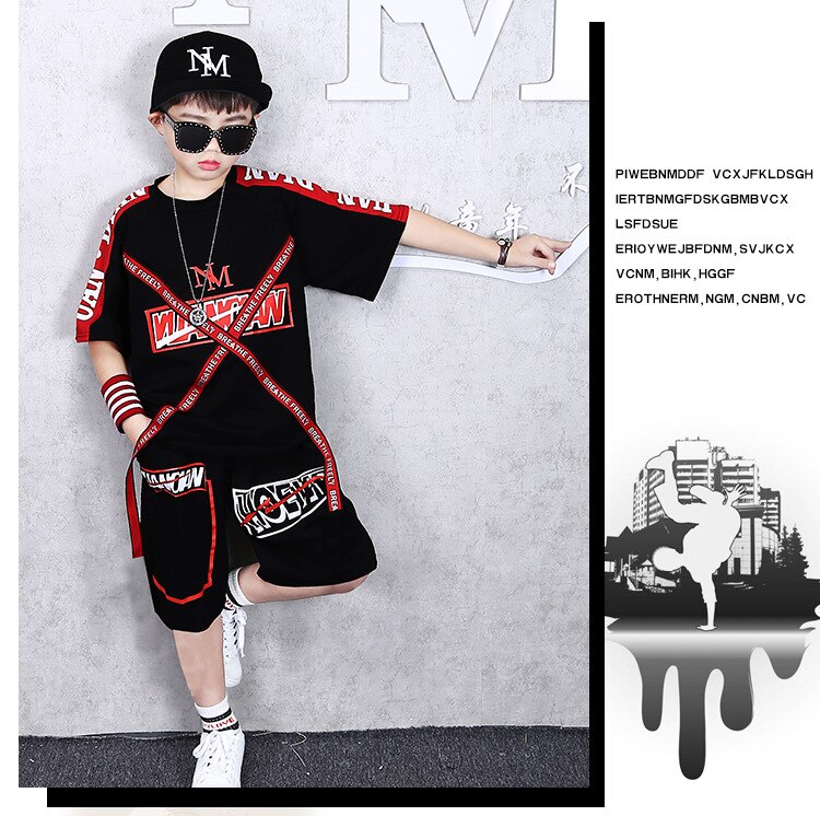 ชุดเต้น ฮิปฮอป เสื้อแขนสั้นขาวแดง+กางเกงดำ