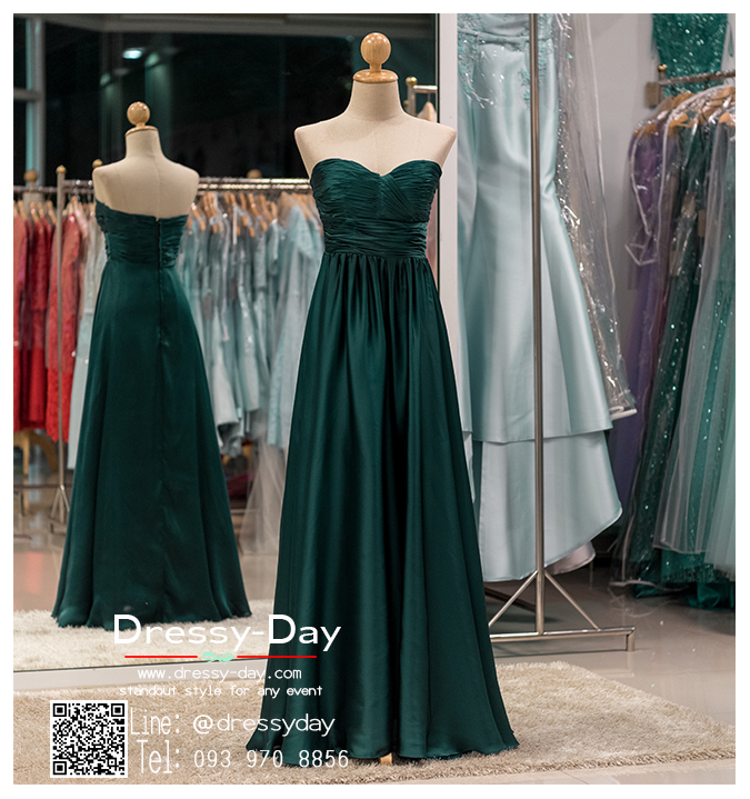 รหัส ชุดราตรี :PF054 ชุดราตรียาวหรูจับจีบช่วงอก เดรสออกงานสีเขียว ชุดไปงานแต่งงานผ้าเครป ชุดแซก สีเขียว เกาะอก เหมาะสำหรับงานแต่งงาน งานกลางคืน กาล่าดินเนอร์