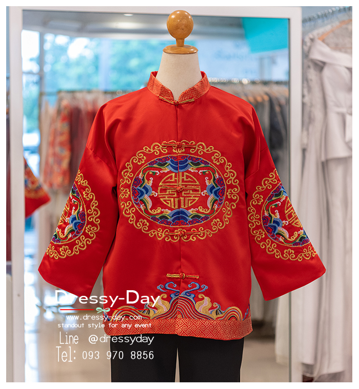 รหัส เสื้อจีนชาย : เสื้อจีนชาย อักษรมงคล แขนยาว หล่อเท่ห์ หรูหราปังเกินต้าน พร้อมส่ง