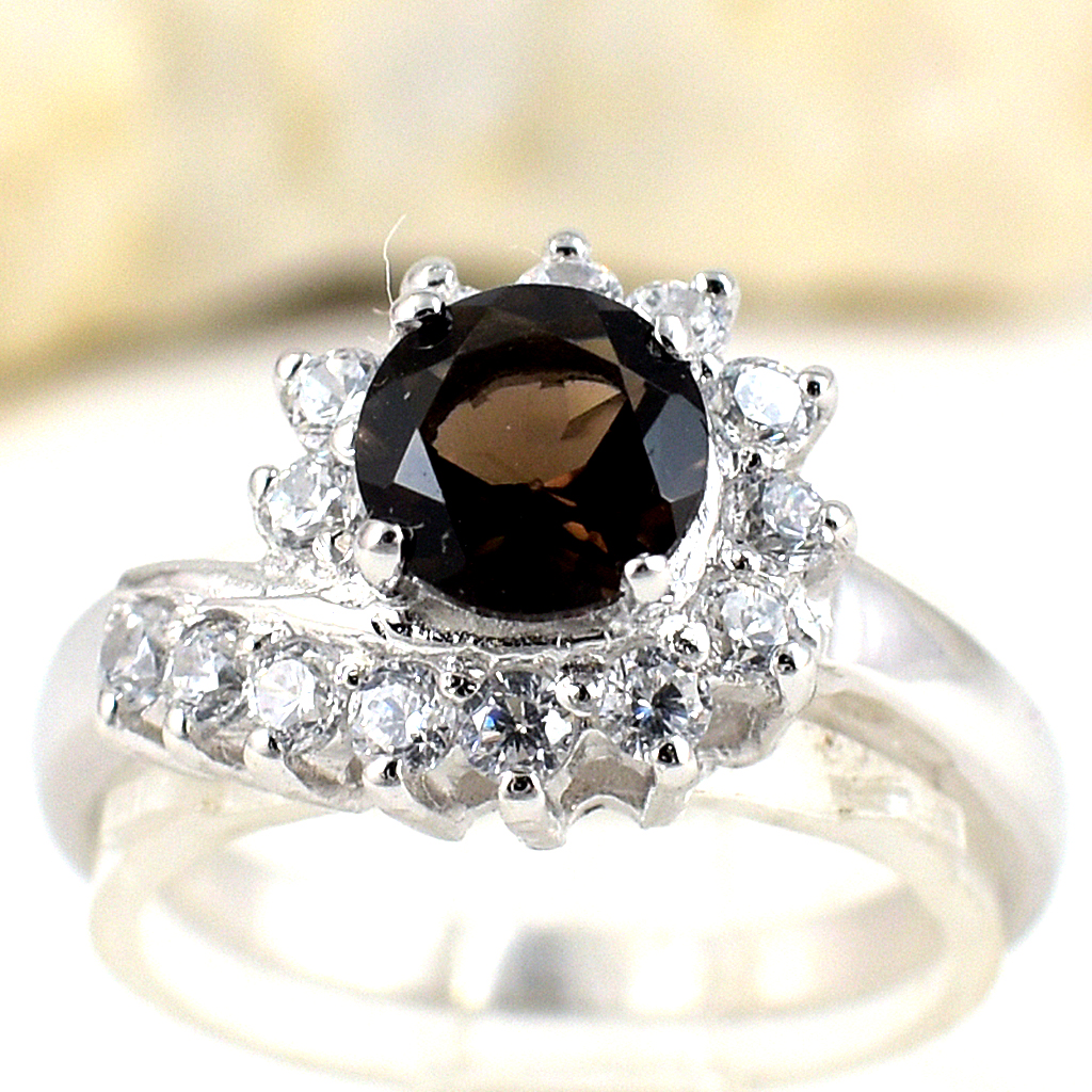 แหวนเงินแท้ราคาถูกชุบทองคำขาว พลอยแท้สโมกกี้ควอทซ์ 0.77 กะรัต เพชรCZ 0.42 กะรัต งานประณีตสวยงาม สั่งผลิตค่ะ