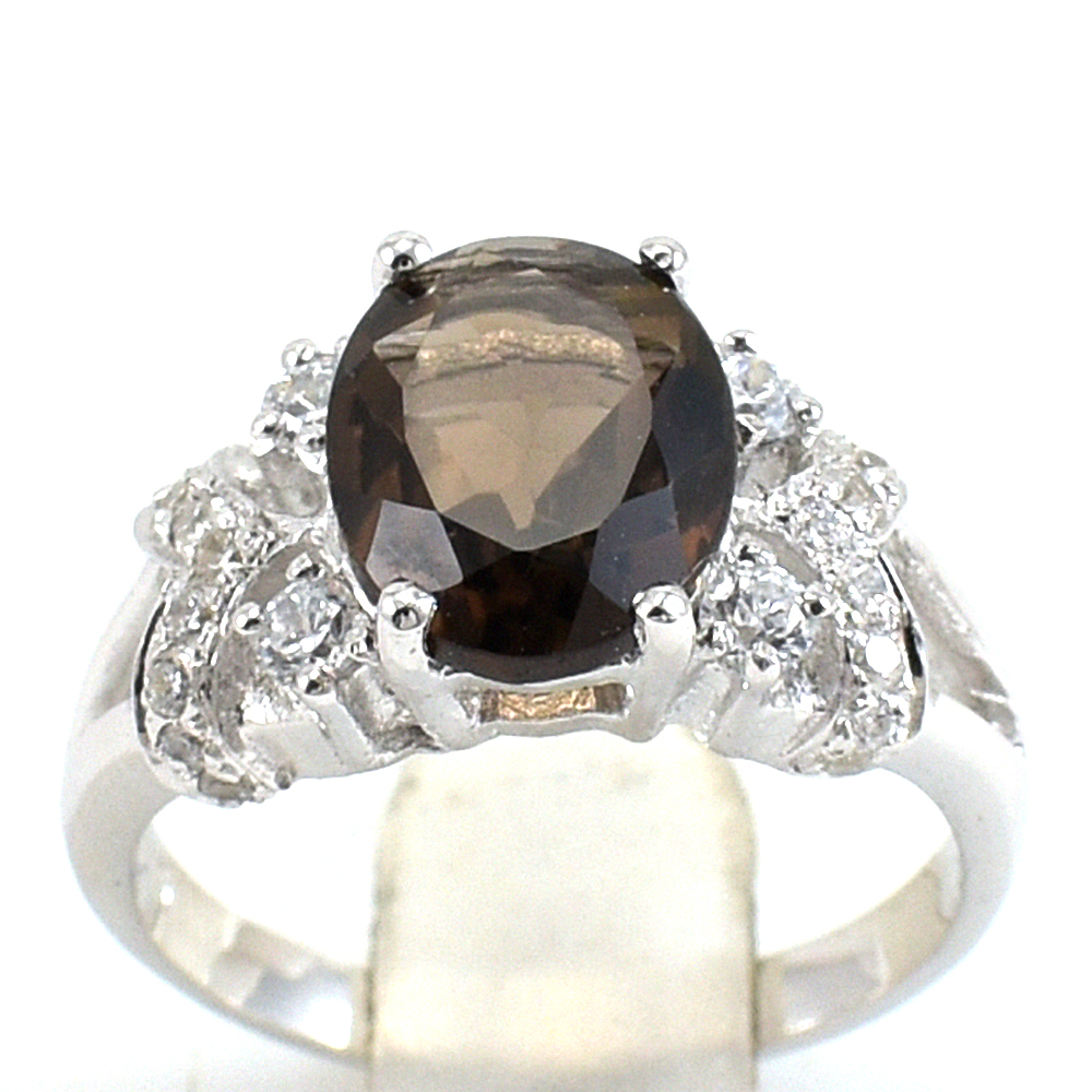 แหวนเงินแท้ราคาถูกชุบทองคำขาว พลอยแท้สโมกกี้ควอทซ์ 2.25 กะรัต เพชรCZ 0.43 กะรัต งานประณีตสวยงาม สั่งผลิตค่ะ