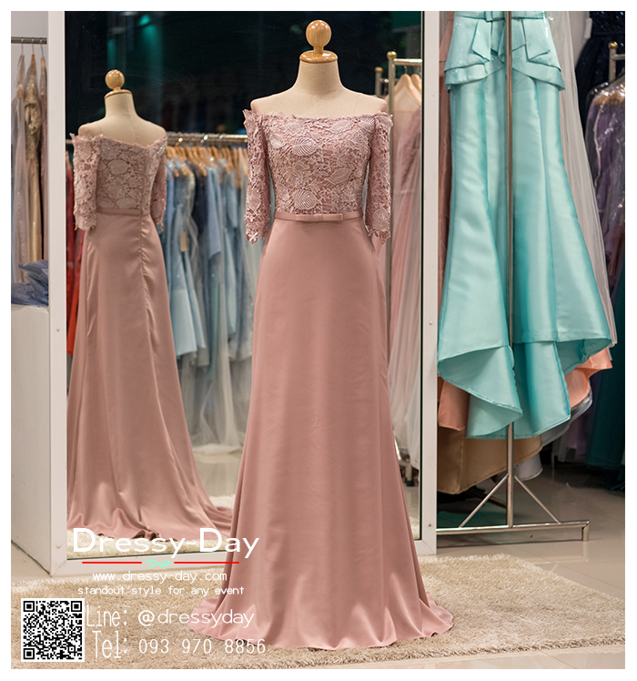 รหัส ชุดราตรียาว : PF121 ชุดแซก ชุดราตรีสีนู๊ดแชมเปญไหล่ปาด ผ้าลูกไม้สวยหรู ดูดีมีระดับ ตกแต่งโบว์น่ารักที่เอว สวยเก๋เหมาะใส่ออกงานกลางคืน งานแต่งงาน