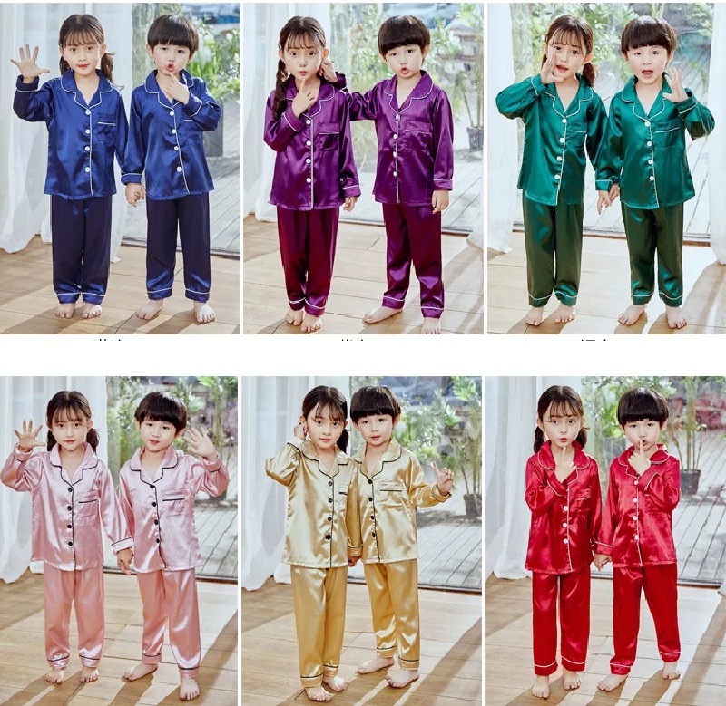 พร้อมส่ง ชุดนอนเด็ก ชุดนอนซาติน เสื้อแขนยาว+กางเกงขายาว