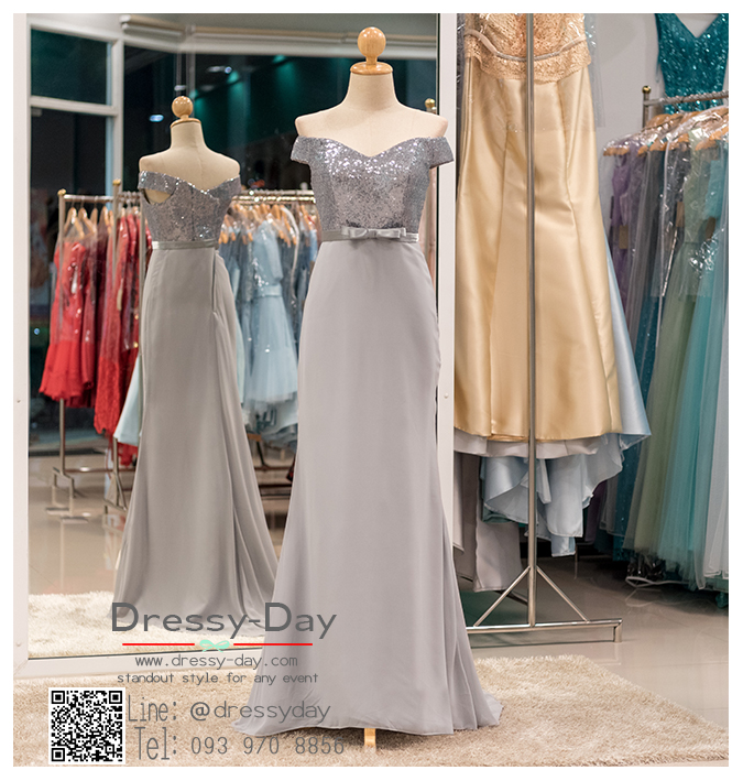 รหัส ชุดไปงานแต่งงาน : PF144 ชุดราตรียาวตกแต่งกริตเตอร์ สีเทา ชุดไปงานแต่งคาดโบว์ช่วงเอว แบบมีแขนเปิดไหล่ โอบไหล่ กระโปรงผ้าชีฟอง ใส่ไปงานแต่งงานกลางคืน งานกาล่าดินเนอร์ ชุดงานเลี้ยง ชุดพิธีกร งานพรอม งานบายเนียร์ งานเดินพรหมแดง สวยปังมาก