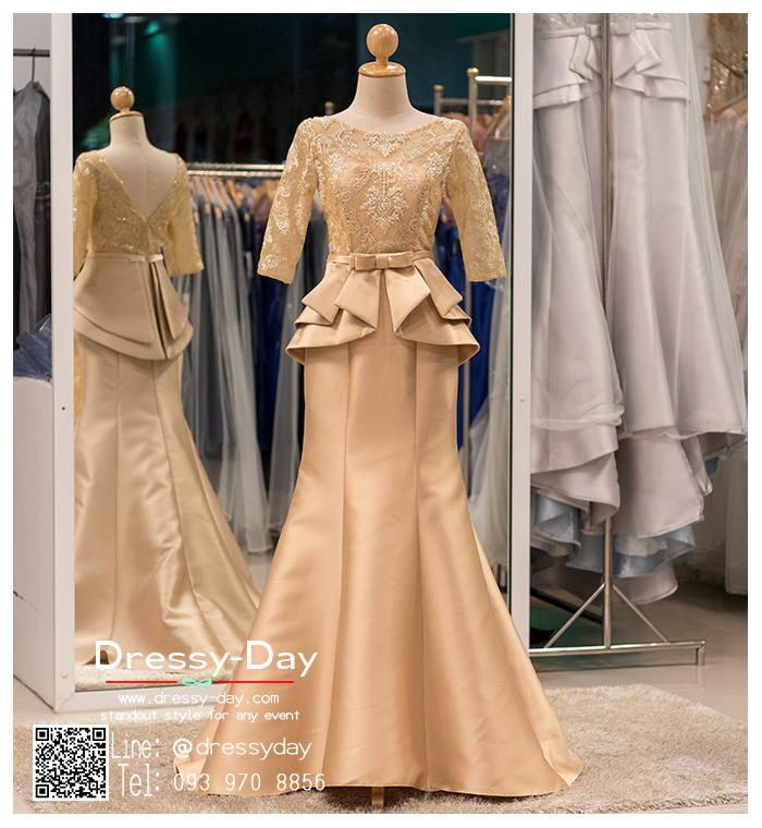 รหัส ชุดราตรี :PFL059 ชุดไปงานแต่งตกแต่งกริตเตอร์ ชุดราตรียาวซีทรูผ้าลูกไม้เรียบหรู สีทอง ชุดราตรีผ้าไหมเล่นดีเทลระบายชายช่วงเอว เหมาะสำหรับงานแต่งงาน งานกลางคืน กาล่าดินเนอร์ ชุดไทยประยุกต์