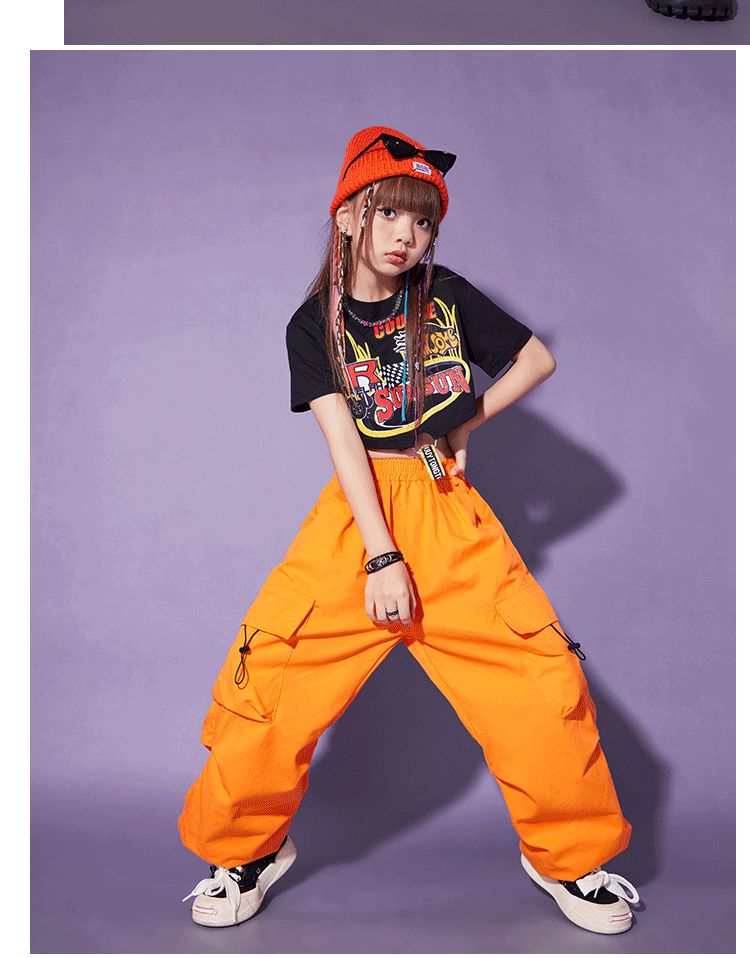 พร้อมส่ง ***ชุดเต้น แดนซ์ เสื้อเอวลอยแต่งลาย+กางเกงคาร์โก้ สีส้ม