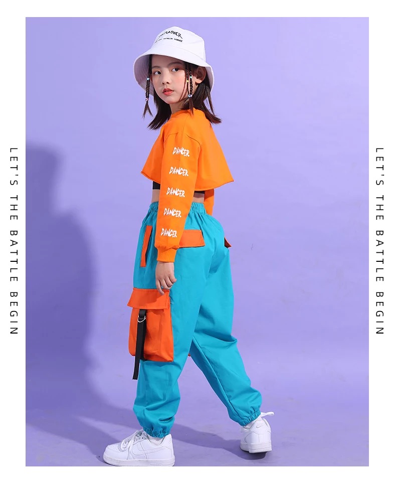 ชุดเต้น ชุดแดนซ์ เสื้อแขนยาวสีส้ม+กางเกงขายาว