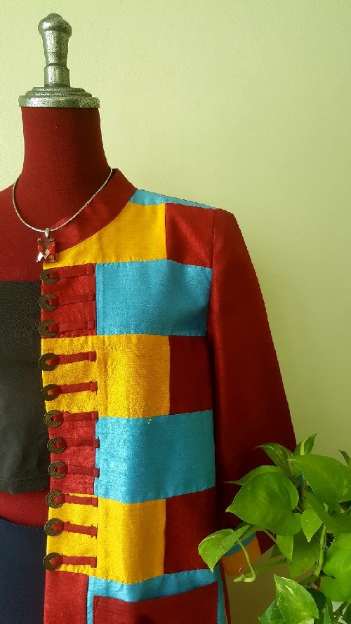 SIVA เสื้อคลุ้มผ้าไหมไทยตกแต่งวัสดุเหลือใช้ SIVA (ส่งฟรี) ดำ,น้ำตาล,ชมภู่,ฟ้า,แดงเลือดหมู M,L,XL,XXL