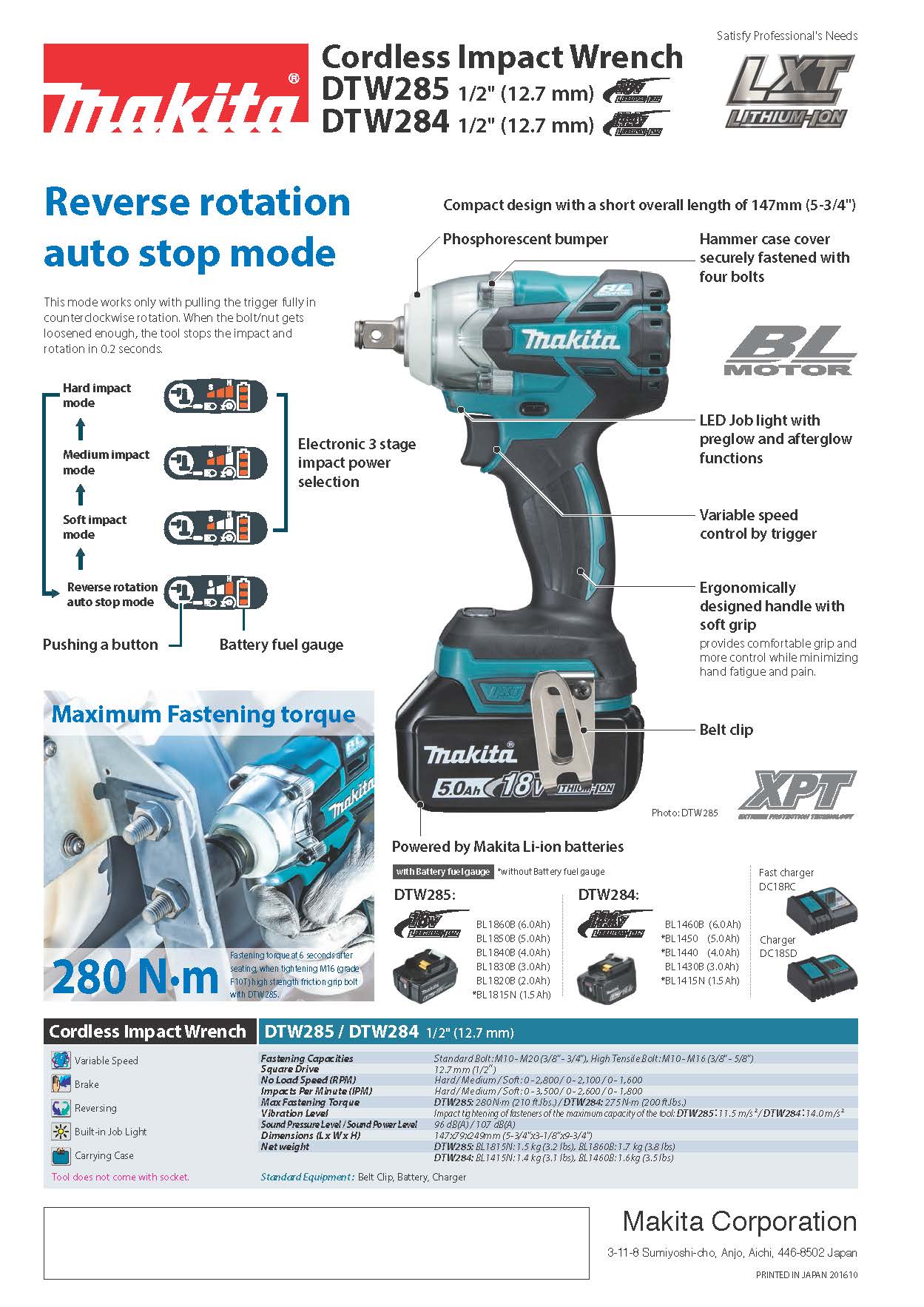 Makita DTW285 บล็อกไร้สาย 1/2" 18V. 3.0Ah. BL Motor มีครบชุด กับ เครื่องเปล่า ⬇️⤵️สินค้ามีตัวเลือก