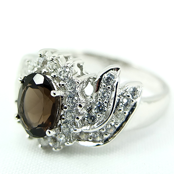 แหวนเงินแท้ราคาถูกชุบทองคำขาว พลอยแท้สโมกกี้ควอทซ์ 1.25 กะรัต เพชรCZ 0.88 กะรัต งานประณีตสวยงาม สั่งผลิตค่ะ
