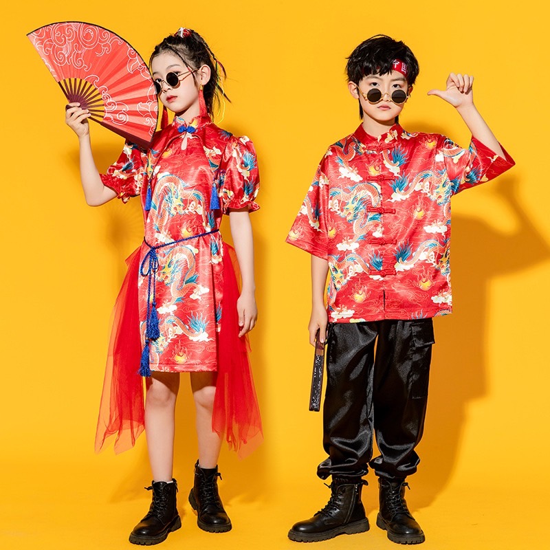 **พร้อมส่ง**ชุดจีน กี่เพ้า ชุดเซ็ตตรุษจีนสีแดง ลายมังกร