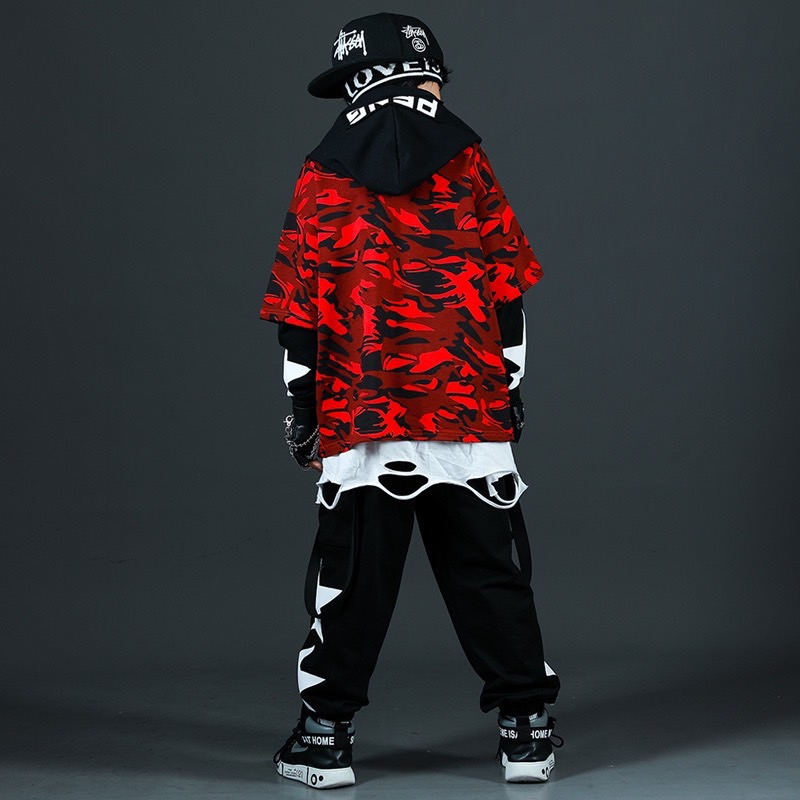 ชุดเต้น ชุดฮิปฮอป เสื้อสีแดง+กางเกงวอร์มสีขาว/ดำ อักษรจีน+ที่คาดหัว