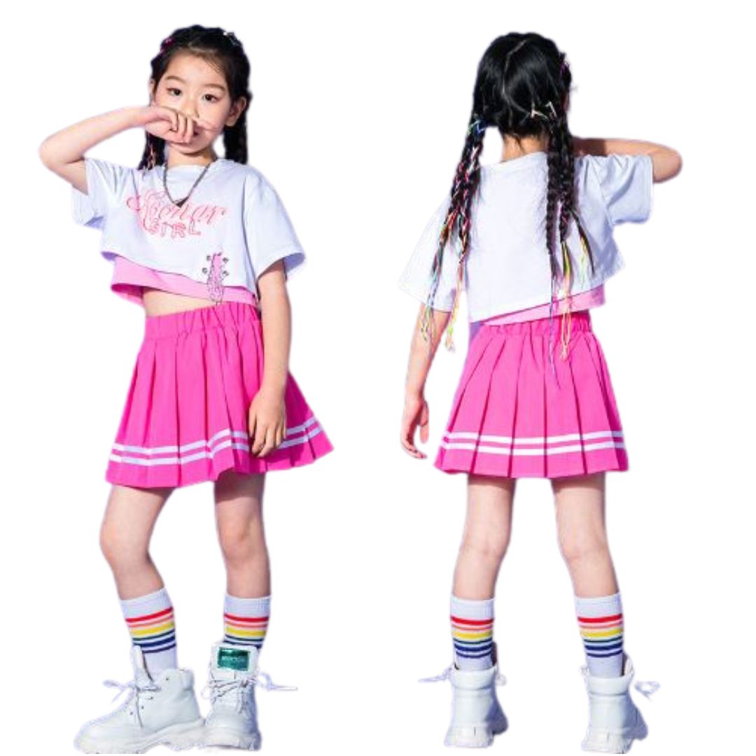 พร้อมส่ง ชุดเต้น ชุดแดนซ์ เสื้อสีขาว+กางเกงขายาว/กระโปรง สีชมพู