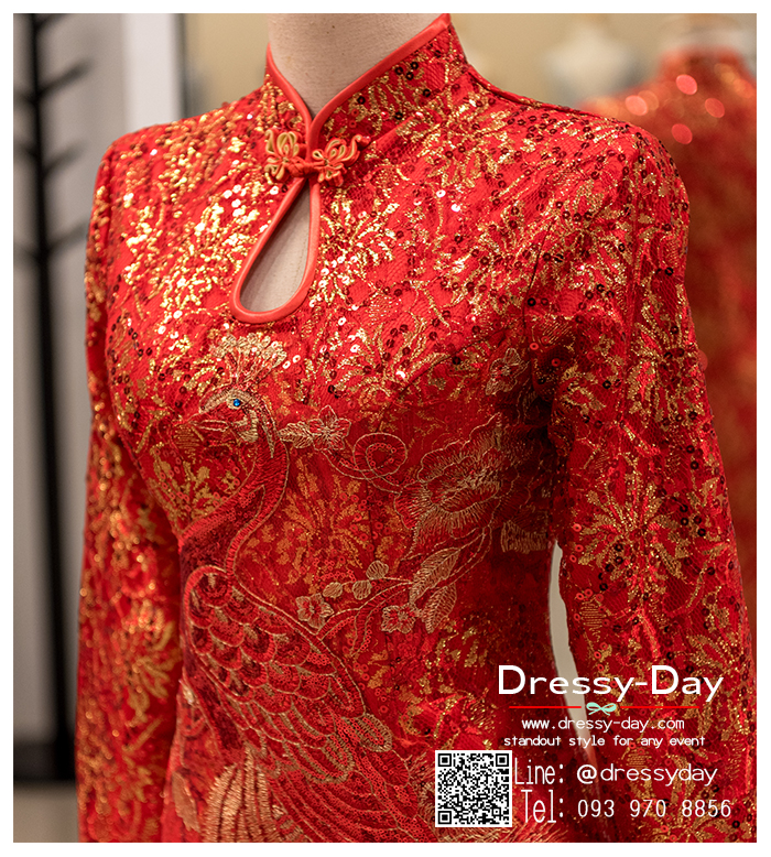 รหัส ชุดกี่เพ้ายาว : KPL042 ชุดกี่เพ้าประยุกต์ราคาถูกลายนกยูง ชุดกี่เพ้าสวยๆ สีแดงแขนยาว งานปักเลื่อมมือ สวยๆ แบบกระโปรงบาน ใส่เป็นชุดกี่เพ้าแต่งงานก็สวยคะ