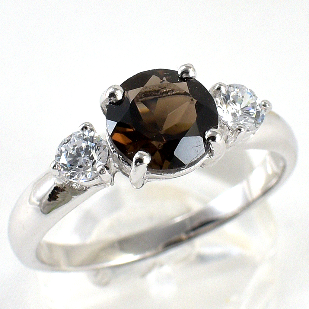 แหวนเงินแท้ราคาถูกชุบทองคำขาว พลอยแท้สโมกกี้ควอทซ์ 1.55 กะรัต เพชรCZ 0.34 กะรัต งานประณีตสวยงาม สั่งผลิตค่ะ