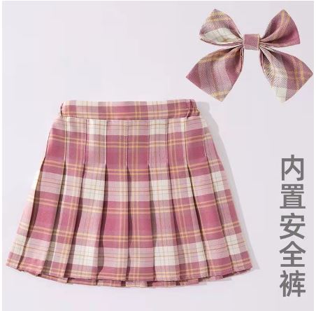 กระโปรงเด็ก อัดพีช สั้น สก็อตสีพาสเทล