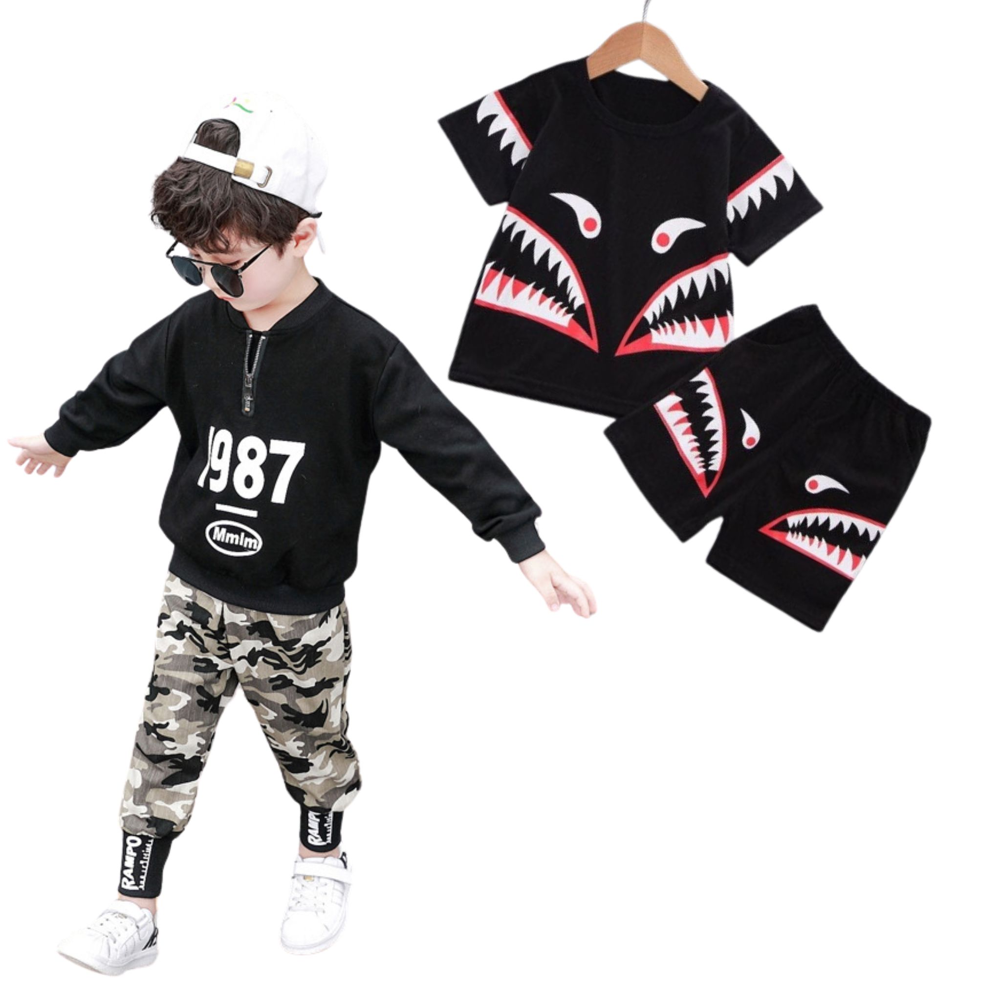 สินค้าพร้อมส่ง ชุดเซ็ตเสื้อแขนยาวสีดำ+กางเกงลายพราง