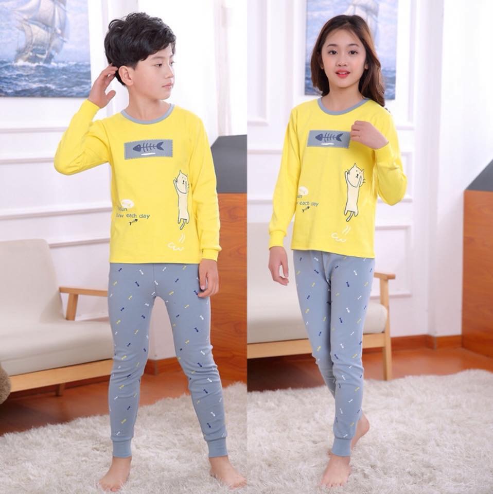 ชุดนอนเด็ก ลายก้างปลา สีเหลือง