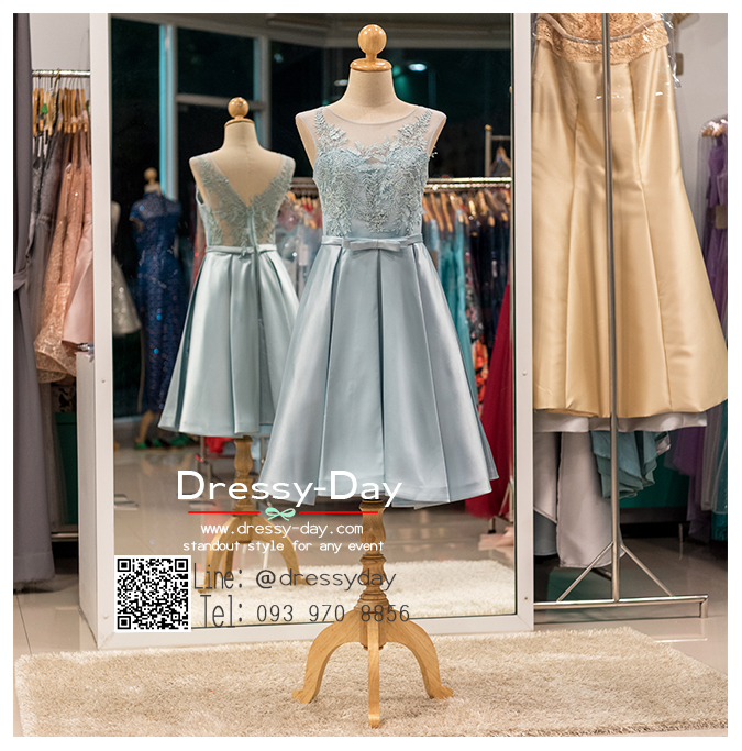 รหัส ชุดราตรีสั้น :PFS037 ชุดราตรีสั้นตกแต่งลูกไม้งานสวย เดรสออกงานซีทรู ชุดไปงานแต่งงาน ชุดแซก สีฟ้า แขนกุด ซีทรู ผ้าไหมสุดหรู เหมาะสำหรับงานแต่งงาน งานกลางคืน กาล่าดินเนอร์