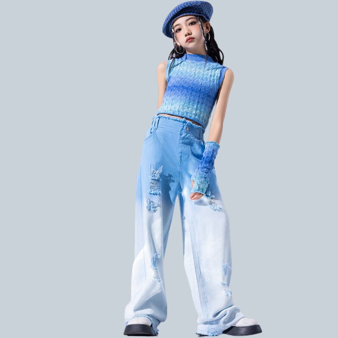 ชุดเต้นเซ็ต ชุดฮิปฮอป สไตล์สีฟ้า เสื้อ/กางเกงขายาว