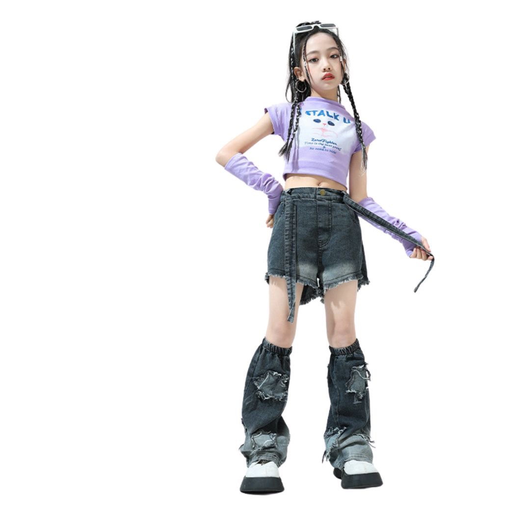 ชุดเต้น Coverdance เสื้อครอป แมว พร้อมปลอกแขน / กางเกงยีนส์คาร์โก้