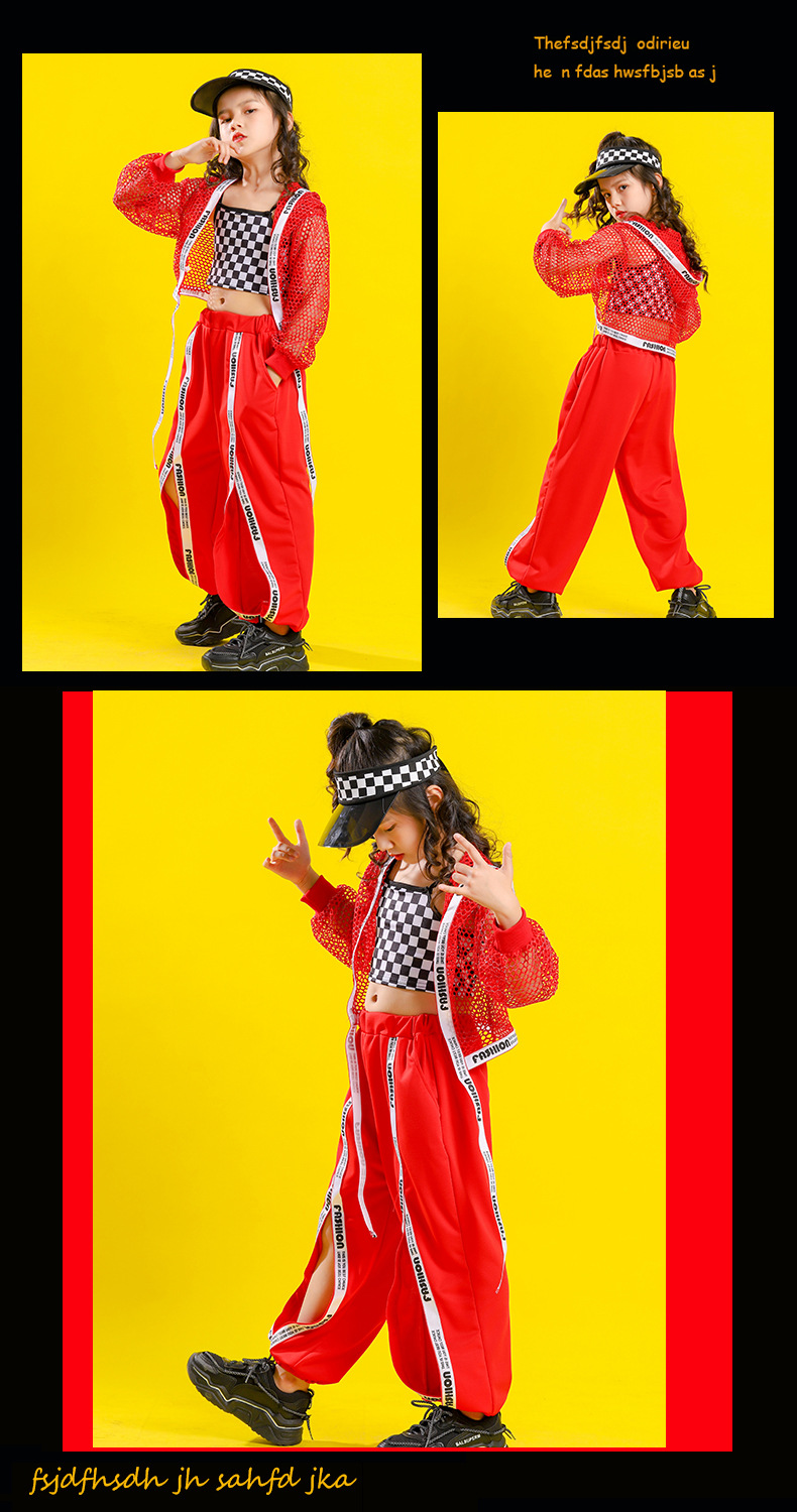ชุดStreet Dance HIPHOP เสื้อตาข่ายแดง+เสื้อลำลอง+กางเกง