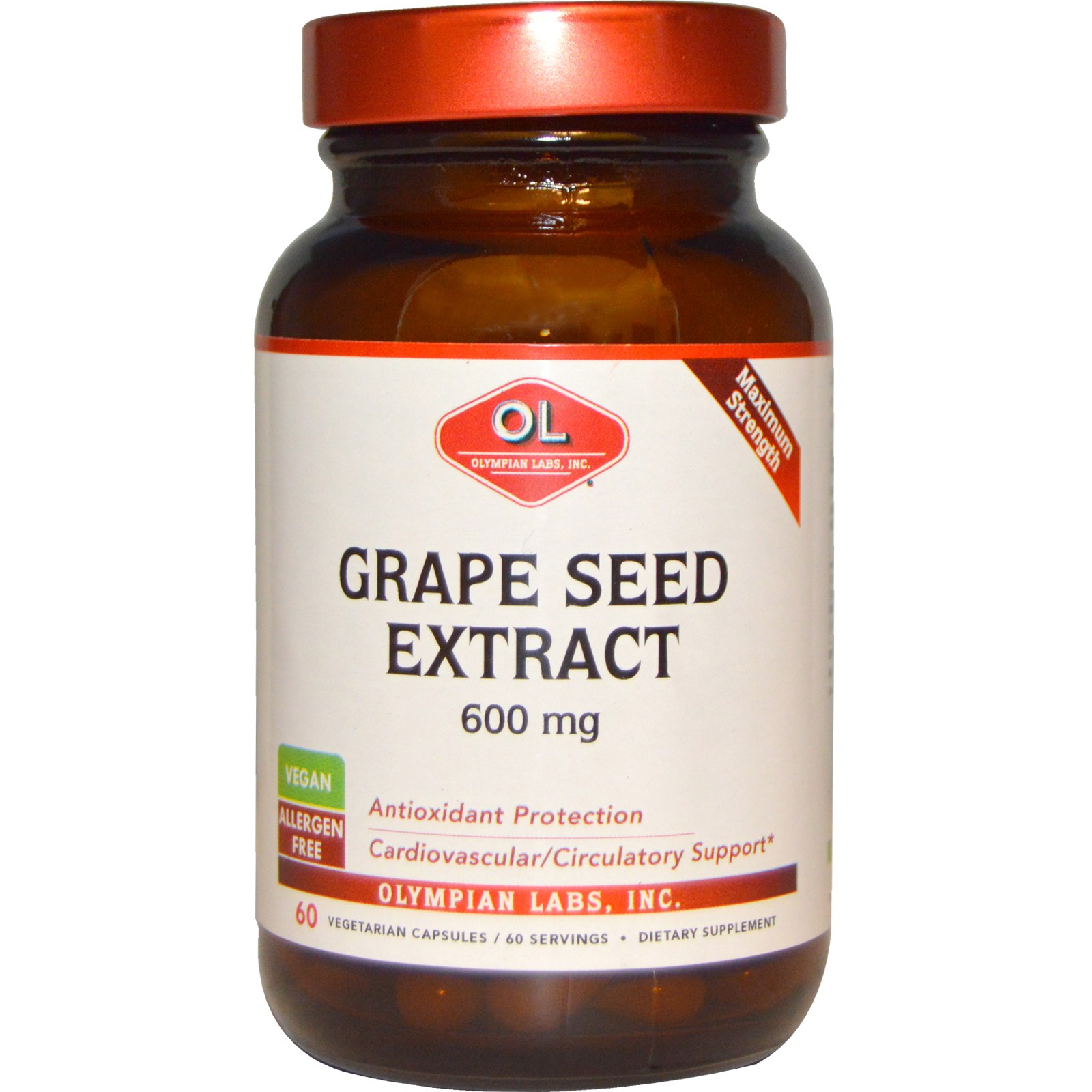 Olympian Labs Inc.,Grape Seed Extract 600 mg,60 Veggie Caps(95% Proanthocyanidin) สารสกัดจากเมล็ดองุ่นเข้มข้นสูงสุด 600mgต่อเม็ดเพื่อผิวกระจ่างใส