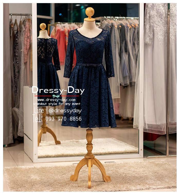 รหัส ชุดราตรี :PFS034 ชุดไปงานแต่งมีแขนยาวตกแต่งผ้าลูกไม้งานสวย เก๋ ชุดราตรีสั้นหรู สีน้าเงิน คาดเข็มขัดโบว์ช่วงเอว สวย สง่า ดูดีแบบเจ้าหญิง ใส่ไปงานแต่งงาน งานกาล่าดินเนอร์ งานเลี้ยง งานพรอม งานรับกระบี่ สำเนา