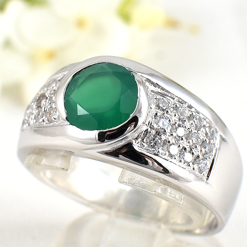 แหวนเงินแท้ราคาถูกชุบทองคำขาว พลอยแท้กรีนอะเกท 1.35 กะรัต เพชรCZ 0.36 กะรัต งานประณีตสวยงาม สั่งผลิตค่ะ